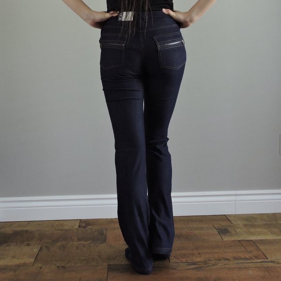 Hue Soft Stretch Boot Cut Jeans Leggings w/ Zipper Back Pocket, Navy Denim, New - Picture 8 of 12